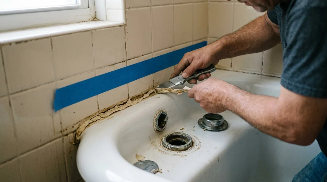 Old caulk is cut out, drain and overflow trim comes off, and the surrounding tile is masked — Pueblo, CO