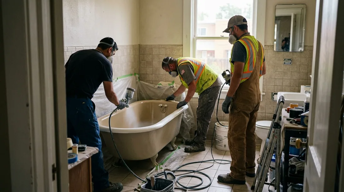 A small professional crew working on a tub refinishing job at a property, seen from behind and at a — Pueblo, CO